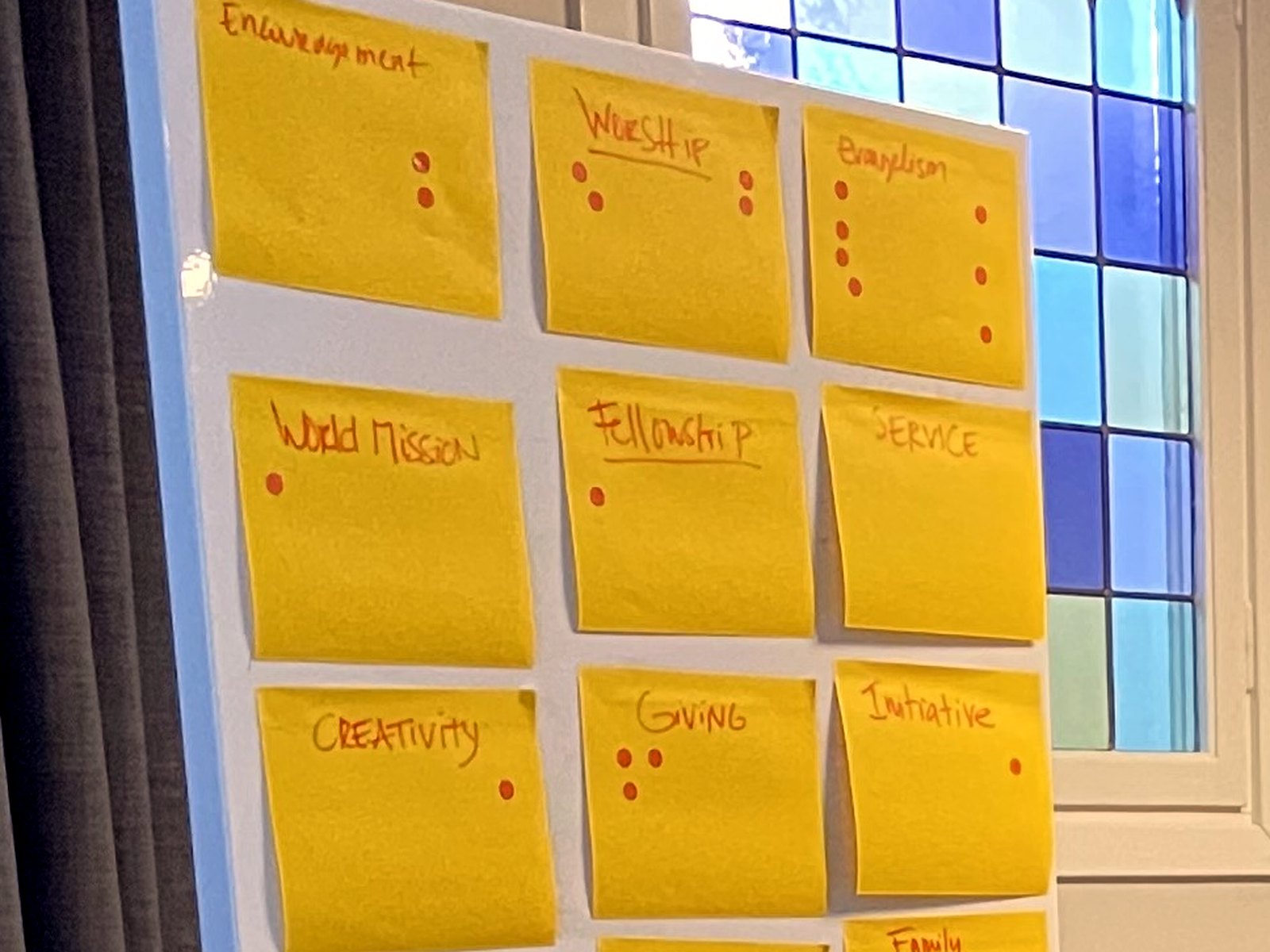 A board of handwritten cards naming candidate values of a church: encouragement, worship, evangelism, world mission, fellowship, service, creativity, giving, initiative. Coloured dots beside each one record votes.
